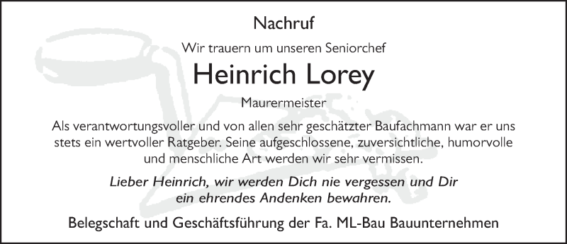  Traueranzeige für Heinrich Lorey vom 29.04.2017 aus 
