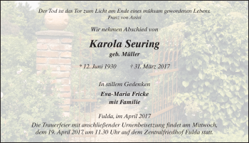 Traueranzeige von Karola Seuring 