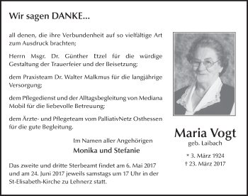 Traueranzeige von Maria Vogt 