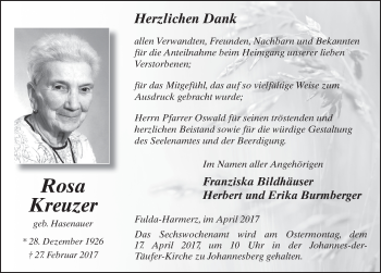 Traueranzeige von Rosa Kreuzer 