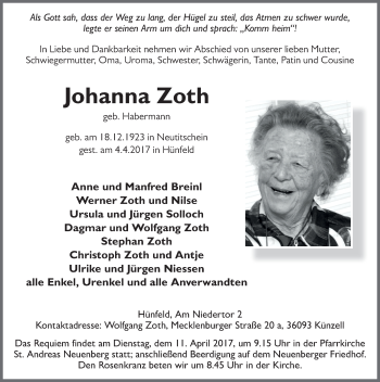 Traueranzeige von Johanna Zoth 