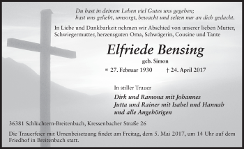 Traueranzeige von Elfriede Bensing 