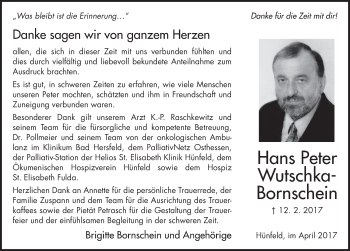 Traueranzeige von Hans Peter Wutschka-Bornschein 