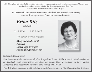 Traueranzeige von Erika Ritz 
