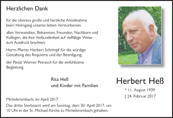 Traueranzeige von Herbert Hess 