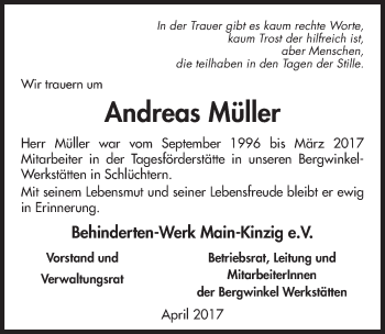 Traueranzeige von Andreas Müller 