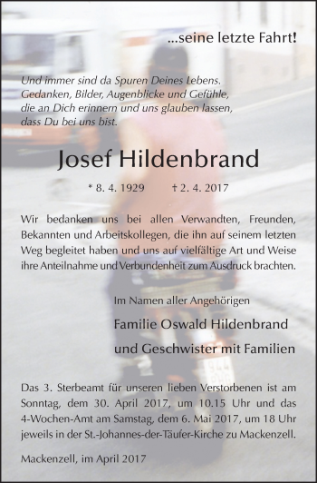 Traueranzeige von Josef Hildenbrand 