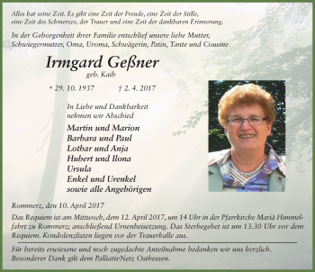 Traueranzeige von Irmgard Geßner 