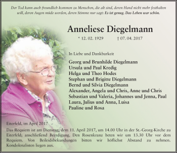 Traueranzeige von Anneliese Diegelmann 