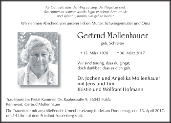 Traueranzeige von Gertrud Mollenhauer 