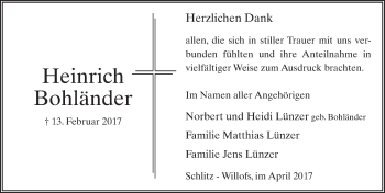 Traueranzeige von Heinrich Bohländer 