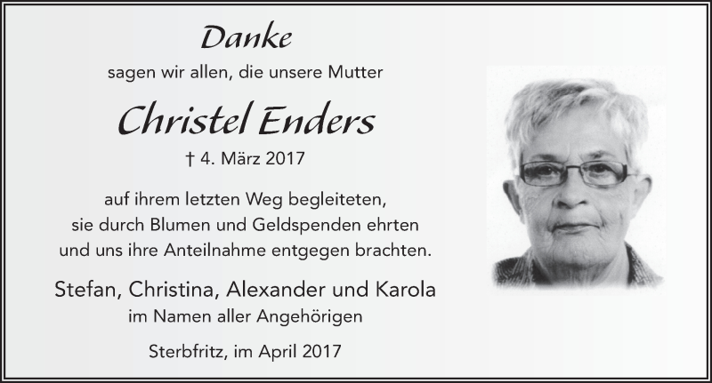  Traueranzeige für Christel Enders vom 22.04.2017 aus 