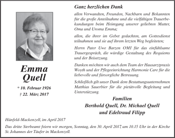 Traueranzeige von Emma Quell 