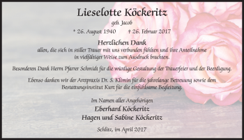 Traueranzeige von Lieselotte Köckeritz 