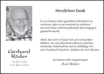 Traueranzeige von Gerhard Röder 
