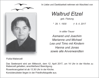 Traueranzeige von Waltrud Etzel 