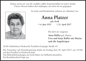Traueranzeige von Anna Platzer 