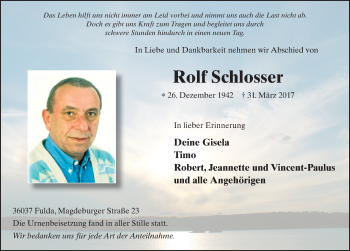 Traueranzeige von Rolf Schlosser 