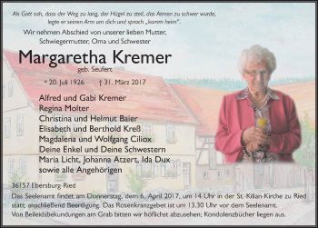 Traueranzeige von Margaretha Kremer 