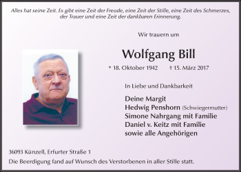 Traueranzeige von Wolfgang Bill 
