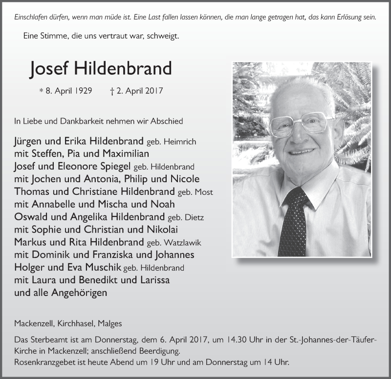  Traueranzeige für Josef Hildenbrand vom 05.04.2017 aus 