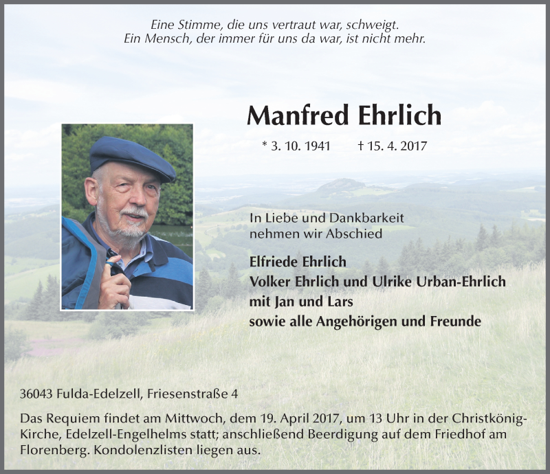  Traueranzeige für Manfred Ehrlich vom 18.04.2017 aus 