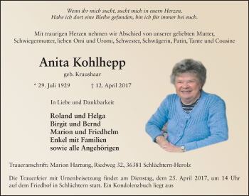 Traueranzeige von Anita Kohlhepp 