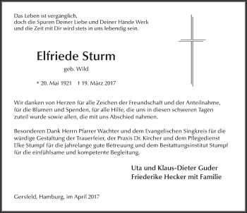 Traueranzeige von Elfriede Sturm 