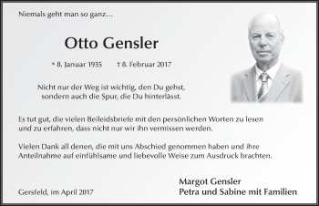 Traueranzeige von Otto Gensler 