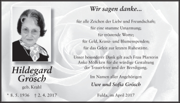 Traueranzeige von Hildegard Grösch 