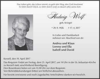 Traueranzeige von Hedwig Wolf 