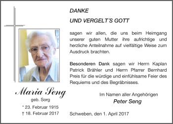 Traueranzeige von Maria Seng 