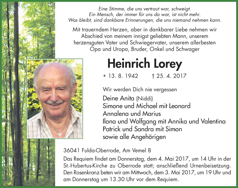  Traueranzeige für Heinrich Lorey vom 29.04.2017 aus 