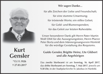 Traueranzeige von Kurt Gensler 