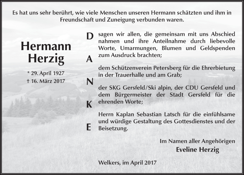  Traueranzeige für Hermann Herzig vom 29.04.2017 aus 