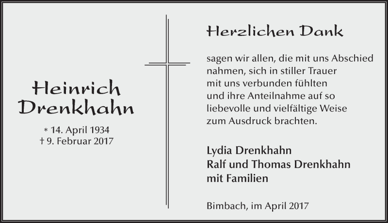  Traueranzeige für Heinrich Drenkhahn vom 01.04.2017 aus 