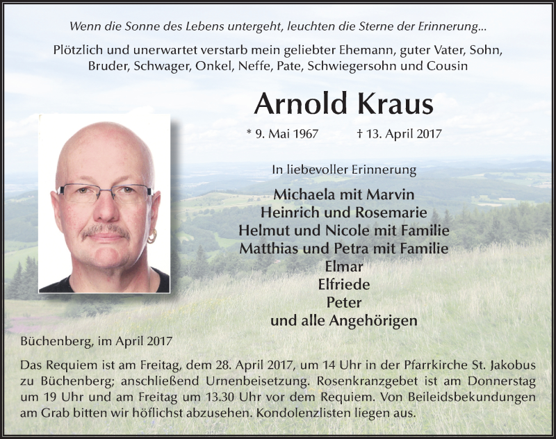  Traueranzeige für Arnold Kraus vom 25.04.2017 aus 