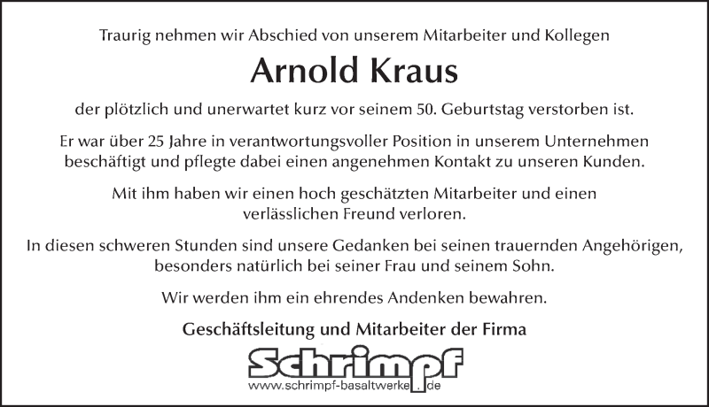  Traueranzeige für Arnold Kraus vom 25.04.2017 aus 
