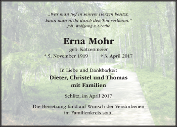 Traueranzeige von Erna Mohr 