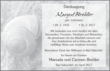 Traueranzeige von Margot Brehler 