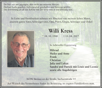 Traueranzeige von Willi Kress 