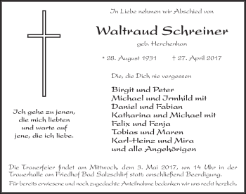 Traueranzeige von Waltraud Schreiner 