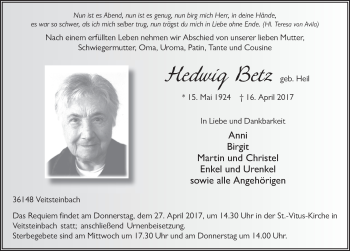 Traueranzeige von Hedwig Betz 