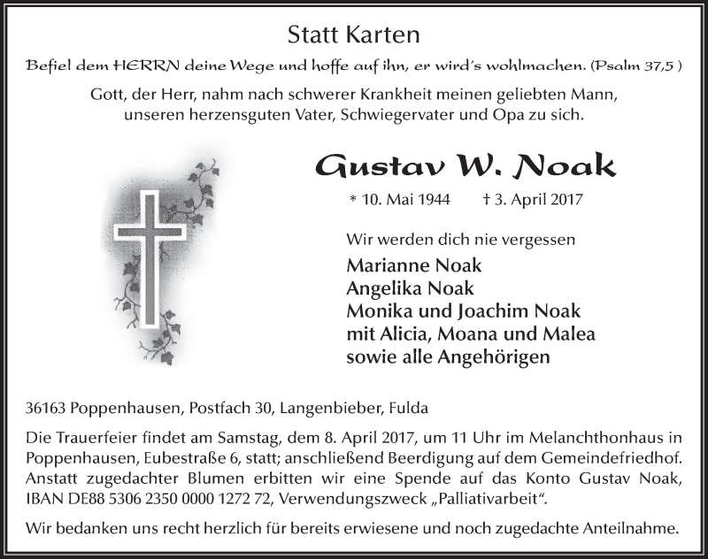  Traueranzeige für Gustav W. Noak vom 06.04.2017 aus 
