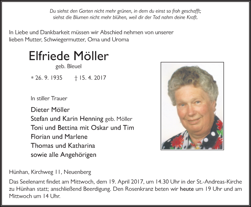  Traueranzeige für Elfriede Möller vom 18.04.2017 aus 