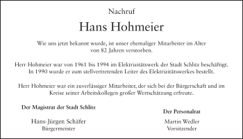 Traueranzeige von Hans Hohmeier 