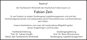 Traueranzeige von Fabian Zein 