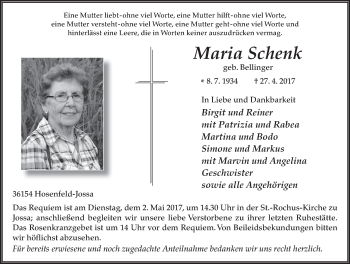 Traueranzeige von Maria Schenk 