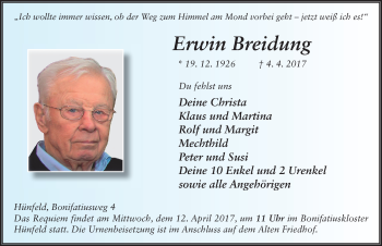 Traueranzeige von Erwin Breidung 