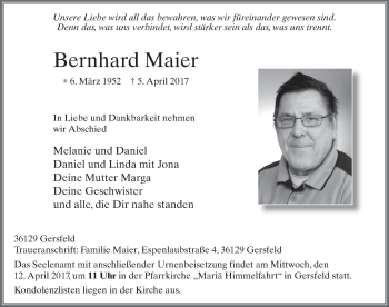Traueranzeige von Bernhard Maier 